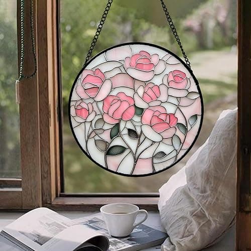 CHATYOUNG Stained Glass Window Hanging Abstract Flowers 6.3" - Suncatcher Bedroom Door Garden Home Decor and Christmas Valentine for Grandma Nana Mom Women Wife Girlfriend thumbnail 5