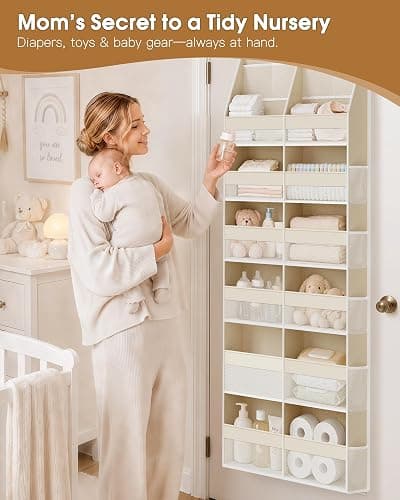 Criusia Over the Door Organizer, Extra Large 12 Compartments Closet Hanging Storage with 14 Mesh Pockets, 85lbs Capacity Behind the Door Storage for Baby Nursery, Bathroom, Bedroom, and Dorm, Beige thumbnail 4