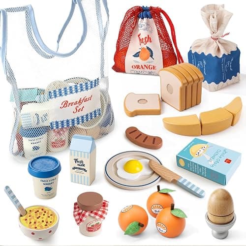 Lehoo Castle Wooden Play Food Set - Montessori Cutting Fruit Egg Bread, Pretend Breakfast Food Toys for Kids Kitchen, Educational Toddler Toys 3-5 Years, with Storage Bag, Birthday Gift for Boys Girls - Image 1