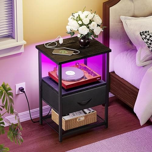 Fixwal Night Stand with Charging Station, LED Nightstand Side Table with Fabric Drawers PU Finish, End Tables Bedroom, Bedside Table, Black thumbnail 2