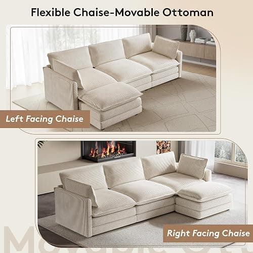 ROWHY 104'' Modular Sectional Cloud Couch with Movable Ottoman, 4 Seat Modern Corduroy Sofa, Deep Seat L Shaped Couch for Living Room Bedroom Apartment, Beige thumbnail 6