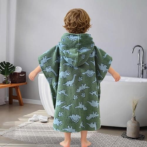 VOOVA & MOVAS Toddler Poncho Towel,1-3Y Soft Thick Cotton,Green Dino | 21"x21" In,Warm & Cozy,Super Absorbent,Quick Dry,No Fade,for Bath,Pool & Travel thumbnail 5