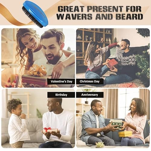Medium Palm Wave Brush with Pure Black Boar Bristles - For Men's 360 Waves on Thin and Normal Hair (Blue) thumbnail 8