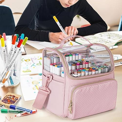 Rexmica Large Marker Organizer Case for 180 Markers, Marker Storage Bag with Dividers and 4 Pockets for Paint Markers, Paint Brushes, Colored Pencils or Other Art Supplies, Black (Patented Design) - Pink thumbnail 6