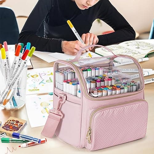 Rexmica Large Marker Organizer Case for 180 Markers, Marker Storage Bag with Dividers and 4 Pockets for Paint Markers, Paint Brushes, Colored Pencils or Other Art Supplies, Black (Patented Design) - Pink thumbnail 6