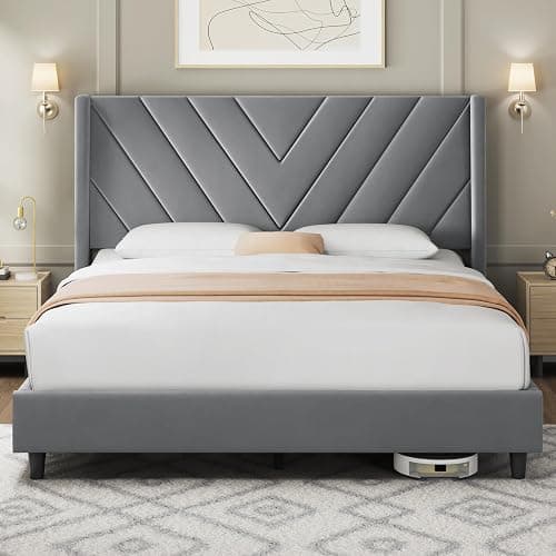 Yaheetech Queen Bed Frame Upholstered Platform Bed with Wing Side/Wooden Slat Support/Tufted Headboard with Wing Side/Mattress Foundation/No Box Spring Needed,Light Grey Queen Bed - Light Grey - Queen - Image 1