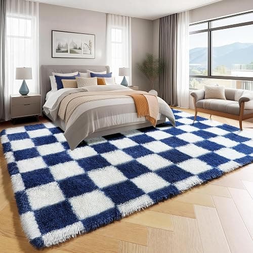 KICMOR Navy Blue and Cream White Rugs for Living Room, 4x6 Fluffy Fuzzy Shag Checkered Rug Shaggy Carpet for Bedroom, Soft Plush Area Rug for Nursery Toddler Room Classroom Study Room Kids Room thumbnail 3