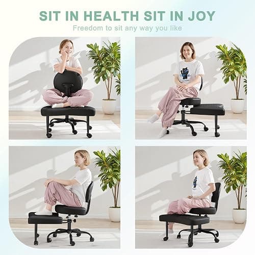 GUNJI Ergonomic Criss Cross Legged Office Chair, 360° Swivel Meditation Kneeling Chair with Wheels, ADHD Chair with Footrest, Lumbar Support, Wider Height Adjustable Seat (Black, Faux Leather) thumbnail 3