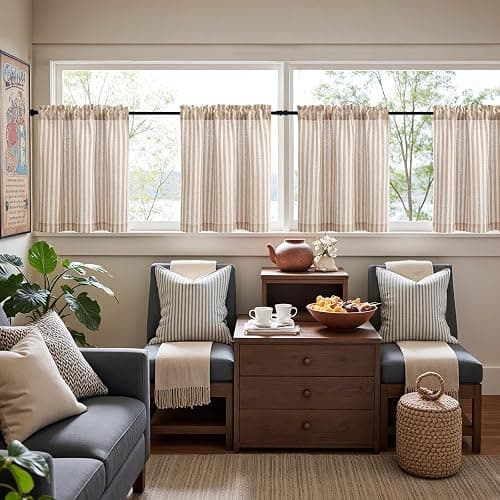 jinchan Striped Linen Kitchen Curtains 24 Inches Length Tier Curtains Farmhouse Modern Cafe Style Small Window Treatments Airy Light Filtering Rod Pocket for Living Room Bathroom 2 Panels Tan thumbnail 4