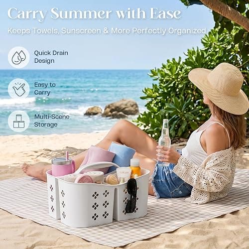 Portable Shower Caddy with Handle, Large Capacity Shower Basket Organizer, Quick-Drain Bathroom Storage Tote, Durable Plastic Shower Organizer for College Dorm, Beach, Gym, Travel Essentials, White thumbnail 8