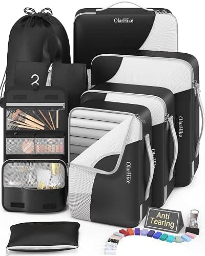 8 Set Packing Cubes for Travel, Gifts for Men,Anti-Tearing Suitcase Organizer for Luggage with Shoe & Hanging Toiletry Bag, OlarHike Vacation Accessories for Cruise, Travel Essentials for Men, Black - Image 1