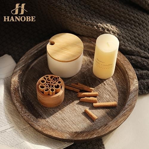 Hanobe Candle Plate Holder Tray: Round Wood Decorative Candle Plate - Rustic Farmhouse CoffeeTable Decor - Tealight Pillar Trays for Home Decor (Distressed) thumbnail 2