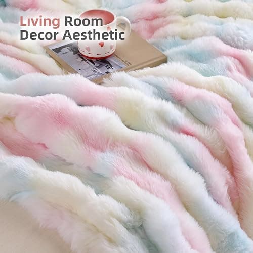 Smoofy Faux Fur Throw Blanket for Couch – Rainbow Fluffy Cozy Rabbit Fleece, Plush Soft Bubble Blanket for Sofa & Bed, for Mom, Warm Fuzzy Home Room Decor Throw 50" x 60" thumbnail 7