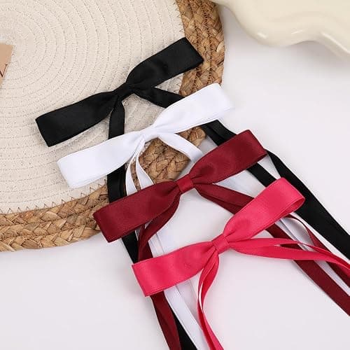 WORTL Hair Bows Clips Coquette Ribbon Bowknot with Long Tail Princess Hair Bows French Barrettes Hair Accessories for Women Girls 16PCS (Wine Red, Rose red, White, Black) thumbnail 5