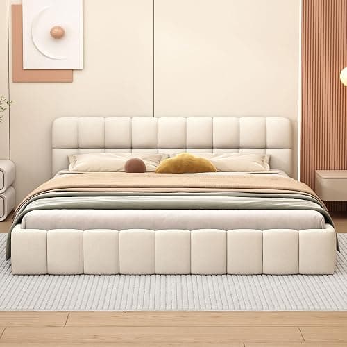 FEEOHOME Lit rembourré 140x190cm, Cadre de lit Double avec sommier à Lattes, lit Jeune à Bulles avec tête de lit rembourrée, Convient aux Matelas de 15-20cm, sans Matelas, Tissu en Lin thumbnail 6