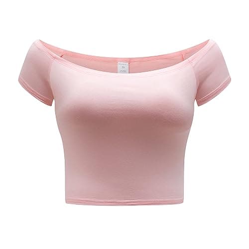 OThread & Co. Women's Off Shoulder Short Sleeve Crop Top Comfy Basic Stretch Layer Shirt - Image 1