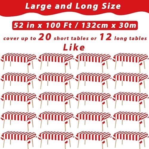 100Ft Long Tablecloth Roll Red and White Striped Tablecloth Carnival Circus Tent Party Supplies Halloween Christmas Plastic Picnic Table Cover for Birthday Party Circus Backdrop Banner Decoration thumbnail 3