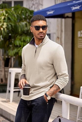 COOFANDY Mens Quarter Zip Pullover Lightweight Sweater Casual Long Sleeve Corduroy Half Zip Sweatshirt thumbnail 2