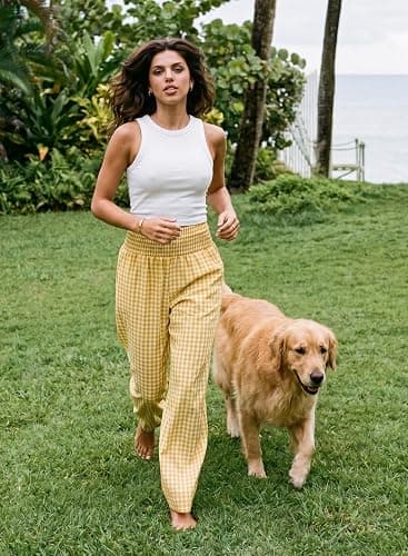 Dokotoo Women's Fall Gingham Wide Leg Casual Pants 2026 | High Waisted,Maternity Trousers,Lounge Palazzo Pants,Elastic Wasited,Boho Beach Clothes with Pockets,Home,Office with Pockets thumbnail 2