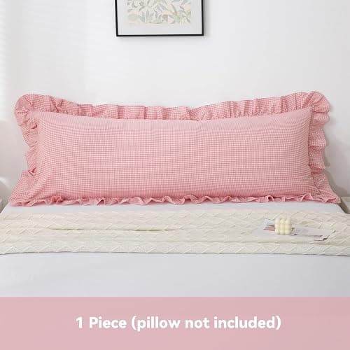 Jilboo Vintage Pink/White Gingham Body Pillow Cover 20x54 - Ruffled Farmhouse Bedding Accent | 100% Washed Cotton Checkered Pillow Sham for Bed, Sofa, Couch (Blush Plaid, 1pc) thumbnail 2