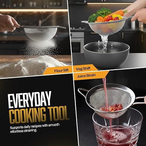 ELEEN Premium Stainless Steel Fine Mesh Strainers for Kitchen 3-Piece Set with Non-Slip Handle, Small, Medium & Large Sieves, Colanders and Sifter for Sifting, Straining, Pastas Tea, Rice Vegetables thumbnail 5
