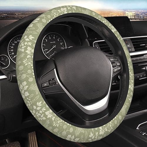Green Leaf Plant Steering Wheel Cover for Women, Universal 15 inch Breathable Anti Slip Steering Wheel Covers for Cars, Auto, SUVs - Image 1