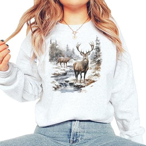 Vintage Deer Wilderness Scene - 90s Vintage Deer Sweatshirt - Scenic Winter Nature Sweater - Unisex Graphic Crewneck Sweatshirt thumbnail 6