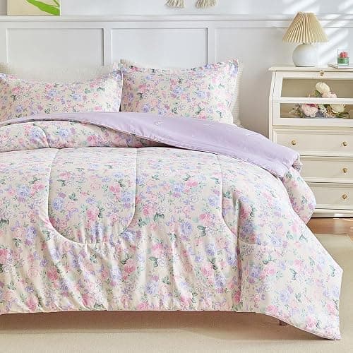 Joyreap 3pcs Floral Cotton Comforter Set for Girls, Pink Purple Flowers on Light Khaki Design, Twin Size Soft n Cozy Bedding Comforter Set for All Season- 68x88 inches - Image 1