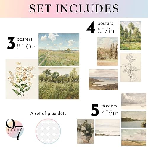 97 Decor Vintage Wall Art Prints, 12 Pcs Poster Set, 8x10 to 4x6 | French country and cottagecore style, landscape gallery wall, kitchen, bathroom and bedroom, glue dots, unframed thumbnail 2