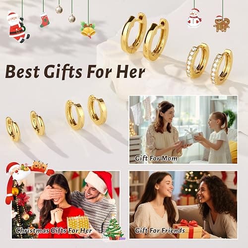 Christmas Earrings Small Gold Huggie Hoop Earrings Set for Women Men Hypoallergenic 14K Plated Stack Cartilage Earrings, Multiple Piercing Lightweight Mini Thin Cute Dainty Trendy Jewelry Set Christmas Gifts for Women thumbnail 6