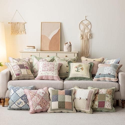 vctops Set of 2 Quilted 100% Cotton Boho Throw Pillow Covers 18" x 18" Farmhouse Country Floral Patchwork Decorative Cushion Cover, Patchwork Flower F thumbnail 4