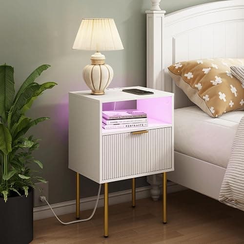 Modern Nightstand with Charging Station and LED Lights, White Bedside Table with Drawer, Fluted Side Table for Living Room, Bedroom thumbnail 3