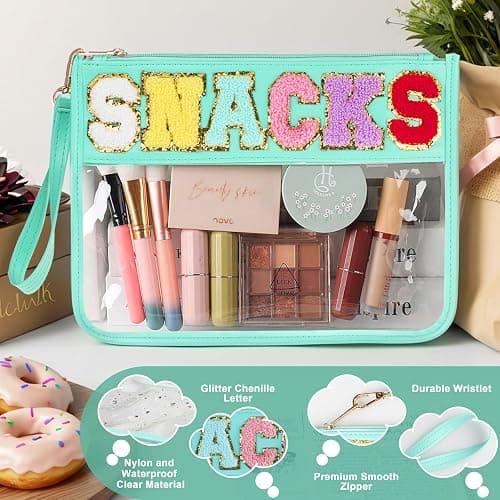 Snack Bag for Travel - Clear Chenille Varsity Letter Flat Pouch with Zipper, 12.2×8.46 inch Waterproof Clear Nylon Preppy Patch Makeup Cosmetic tote Bags for Women Girls thumbnail 3