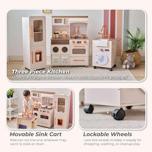 Teamson Kids Little Chef Savannah Off-White Play Kitchen for Girls & Boys with Sink, Fridge & 21 Accessories, Pretend Toy Kitchen Set for Toddlers Ages 3+ with Storage & Modular Design thumbnail 4