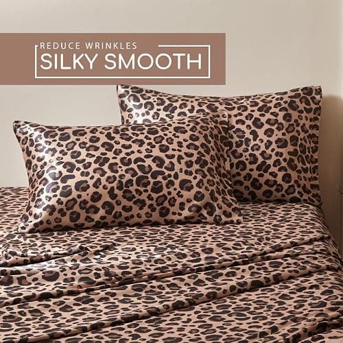 MR&HM Satin Bed Sheets with Elastic Corner Straps, Queen Size Sheets Set, 4 Pcs Silky Bedding Set with 15 Inches Deep Pocket for Mattress (Queen, Brown Leopard) thumbnail 4