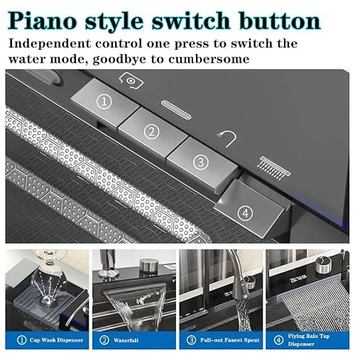 FIVIXIL Kitchen Sink Whale Double Waterfall Sink with LED Display with Cup Washer, soap Dispenser, Waterfall Mixer, countertop Controls, etc. Workstation Kitchen Sink (Gun Grey, 31.5 * 18.1 * 8.7IN) thumbnail 4
