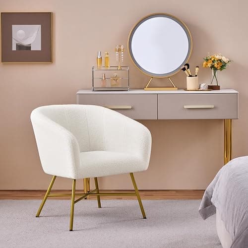 Yaheetech Boucle Tub Chair, Upholstered Vanity Chair with Round Back, White | Modern Armchair with Integrated Backrest and Armrests, Thick Padded Seat and Adjustable Foot Pads for Living Room Bedroom thumbnail 4