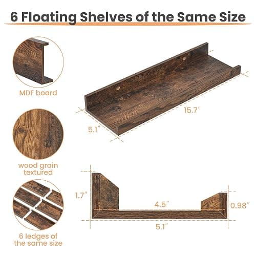 upsimples Floating Shelves for Wall, Wall Shelves for Decor Storage Set of 6, Wall Mounted Wood Shelf for Bedroom, Living Room, Bathroom, Kitchen, Picture Ledge Shelf, Brown thumbnail 3