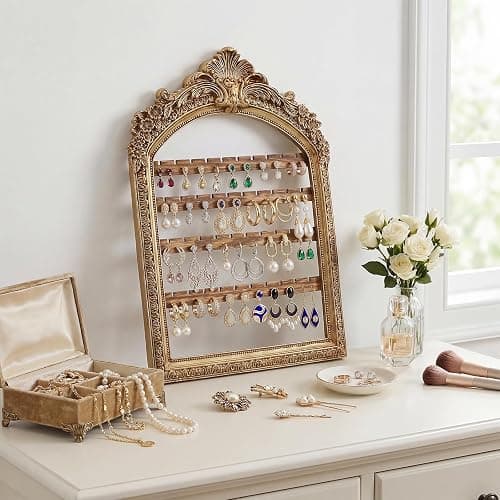 Fiwochic 1 Pcs 10 x 6.9'' Wall Hanging Earring Holder Organizers Vintage Arched Frame 4 Layer Wall Mounted Jewelry Holder Decorative Retro Baroque Stud Earring Display (Gold) thumbnail 7