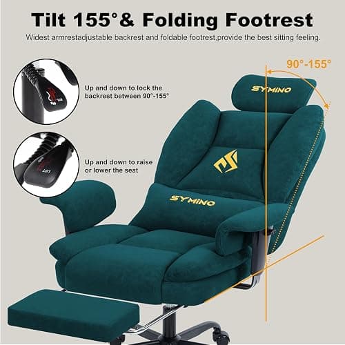 Symino Gaming Chair with Footrest, Up/Down Armrests, Suede Fabric Ergonomic Office Chair, 155° Recline Computer Chair for Desk, Green thumbnail 6