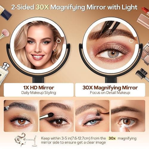 B Beauty Planet Vanity Mirror with Lights, Magnifying Makeup Mirror 30X/1X | Digital Battery Display, Height Adjustable, Tri-Color Dimming, Double-sided Desk Mirror for Bedroom,Gifts for Women 3000mAh thumbnail 4