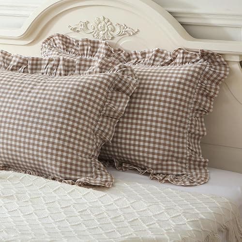 Mywinlle Taupe/White Plaid Ruffle Pillowcases Farmhouse Standard Size Pillow Shams 20"x26",Shabby Checkered Gingham Washed Cotton Pillow Covers Set of 2 thumbnail 2