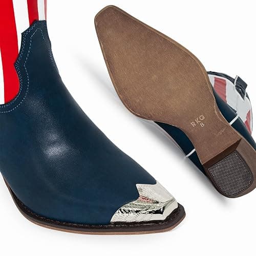RKQ Women's Flag Mid Calf Cowboy Boots Chunky Block Heel Pull On Wide calf Metal Pointed Toe Western Cowgirl Booties classic sexy party Boots thumbnail 6