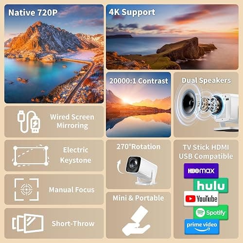 Mini Projector with 4K Support, Portable Projector with Electric Focus & Keystone, 270° Rotatable Stand, Short Throw Home & Outdoor Movie Projector Compatible with TV Stick, Phone & Laptop thumbnail 3