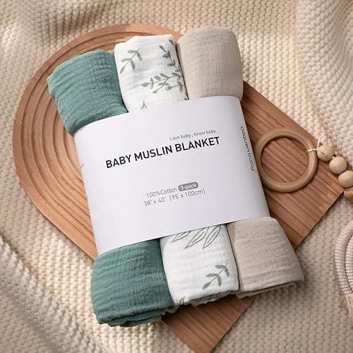 Muslin Swaddle Blankets for Newborn, 3 Pack Breathable Soft Receiving Blanket, Large 38 x 40 inches Swaddle Wrap Burping Clothes Diapers, Essentials Infant Shower Items, Toddler Gift (Bright Colors) thumbnail 8
