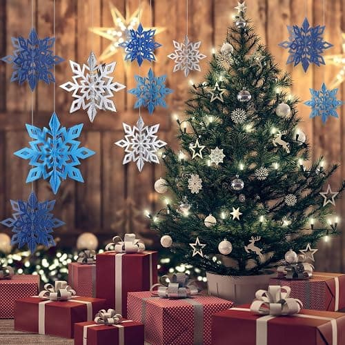 3D Hollow Christmas Winter Hanging Snowflakes Ornaments Decorations Glittery Large Snowflake Pendant Garlands for Winter Wonderland Party Home Decoration (Silver, Light Blue, Dark Blue,18 Pieces) thumbnail 2