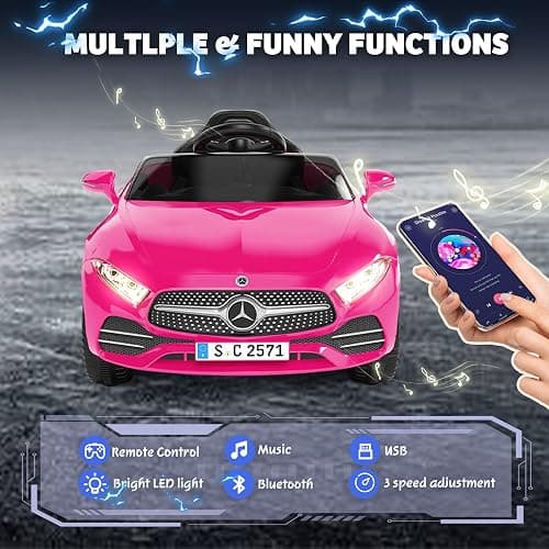 Fillfulfun Licensed Mercedes-Benz CLS 350 12V Ride On Car Truck for Kids, Ride on Toys for Toddlers w/Parent Control, Spring Suspension, Power Wheels for Girls w/Bluetooth, Music, LED Lights (Pink) thumbnail 3