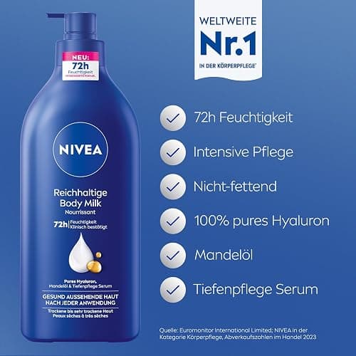 NIVEA Reichhaltige Body Milk, intensiv pflegende Körpercreme mit purem Hyaluron, Mandelöl und Tiefenpflege Serum, Lotion für trockene Haut (625 ml) thumbnail 2