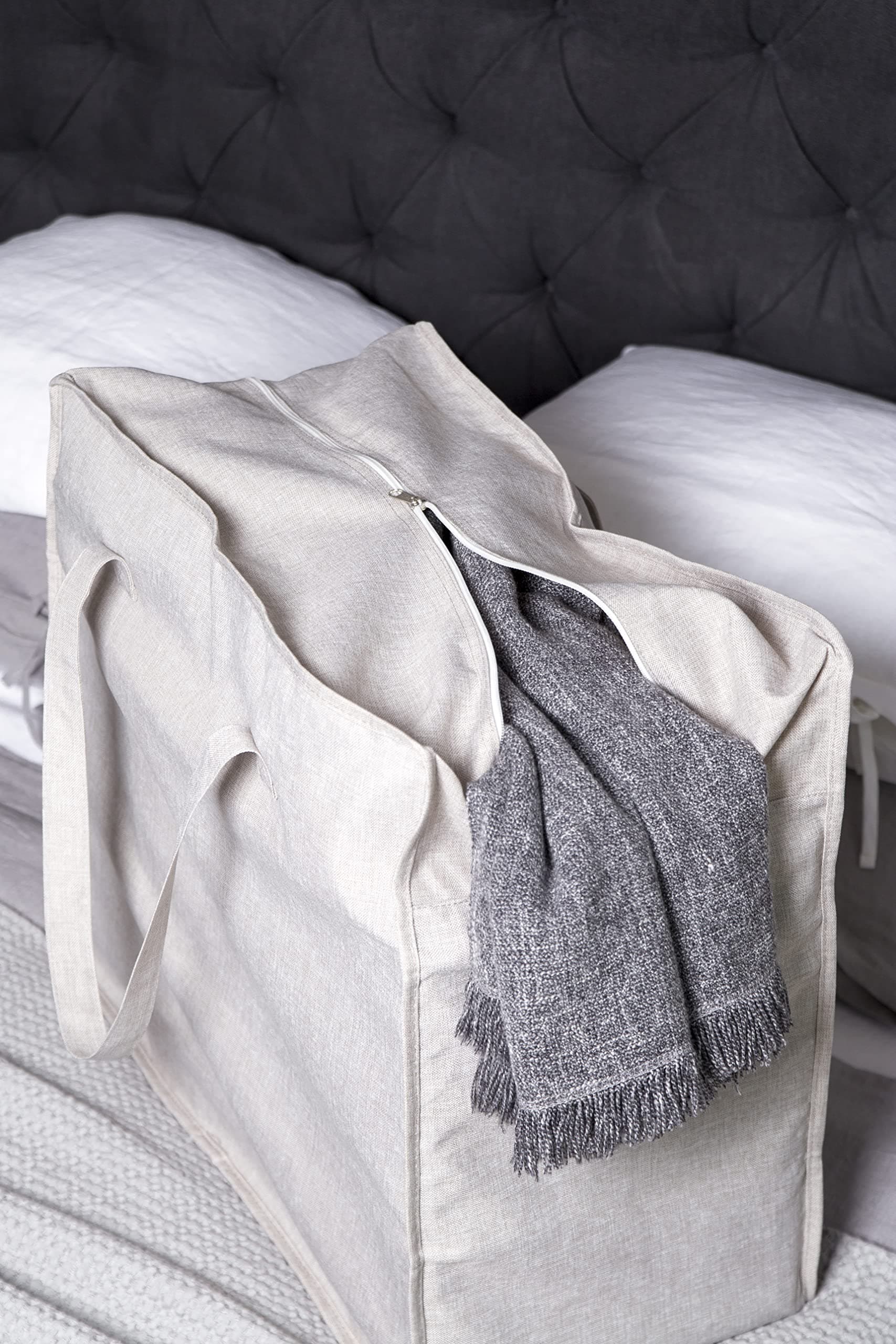 BIGSO storage bag - large carrying bag for duvets, bedding, winter items etc. Practical bag with reinforced handles and zip - beige thumbnail 4