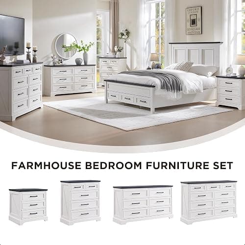 ACCOHOHO Farmhouse Nightstand with Charging Station, 22 Inch Wide End Table with 3 Large Drawers & Bar Handles, Rustic Wood Small Dresser Chest of Drawers for Bedroom, Living Room, Closet, Off White thumbnail 4